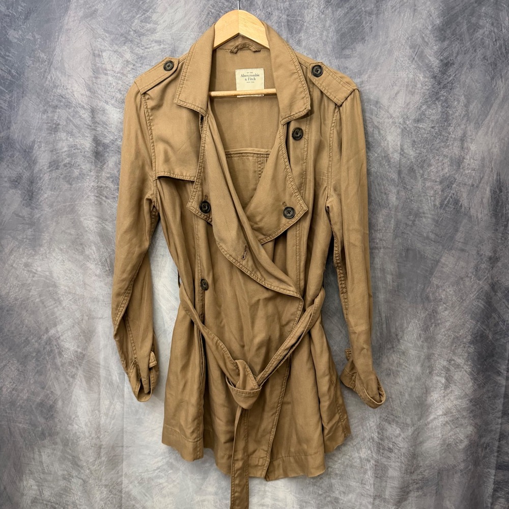 Abercrombie Tan Lyocell Draped Trench Coat Large Quiet Luxury Clean Girl Coastal